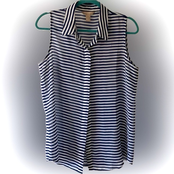 Banana Republic | Medium Striped Blue Button Down Sheer Sleeveless Tank Blouse - Picture 6 of 7